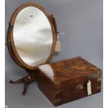 A yew and mahogany skeleton frame toilet mirror and a Victorian brass-bound walnut writing slope