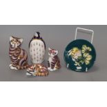 Three Royal Crown Derby paperweights - a cat, a penguin, a dog and a Moorcroft dish