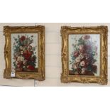Late 19th century French School, pair of oils on panel, Still lifes of flowers in vases on ledges,
