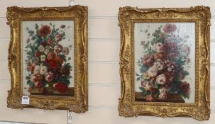 Late 19th century French School, pair of oils on panel, Still lifes of flowers in vases on ledges,