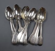 A set of six George III silver dessert fiddle pattern dessert spoons, London, 1814 and a harlequin