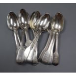 A set of six George III silver dessert fiddle pattern dessert spoons, London, 1814 and a harlequin