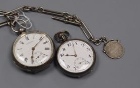 Two silver pocket watches and a silver albert.