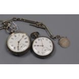 Two silver pocket watches and a silver albert.