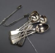 A set of six Victorian silver egg spoons, London, 1867, a pair of Edwardian tongs and two salt