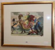 After James Gillray, coloured print, The Political Banditti assailing the Saviour of India, 31 x