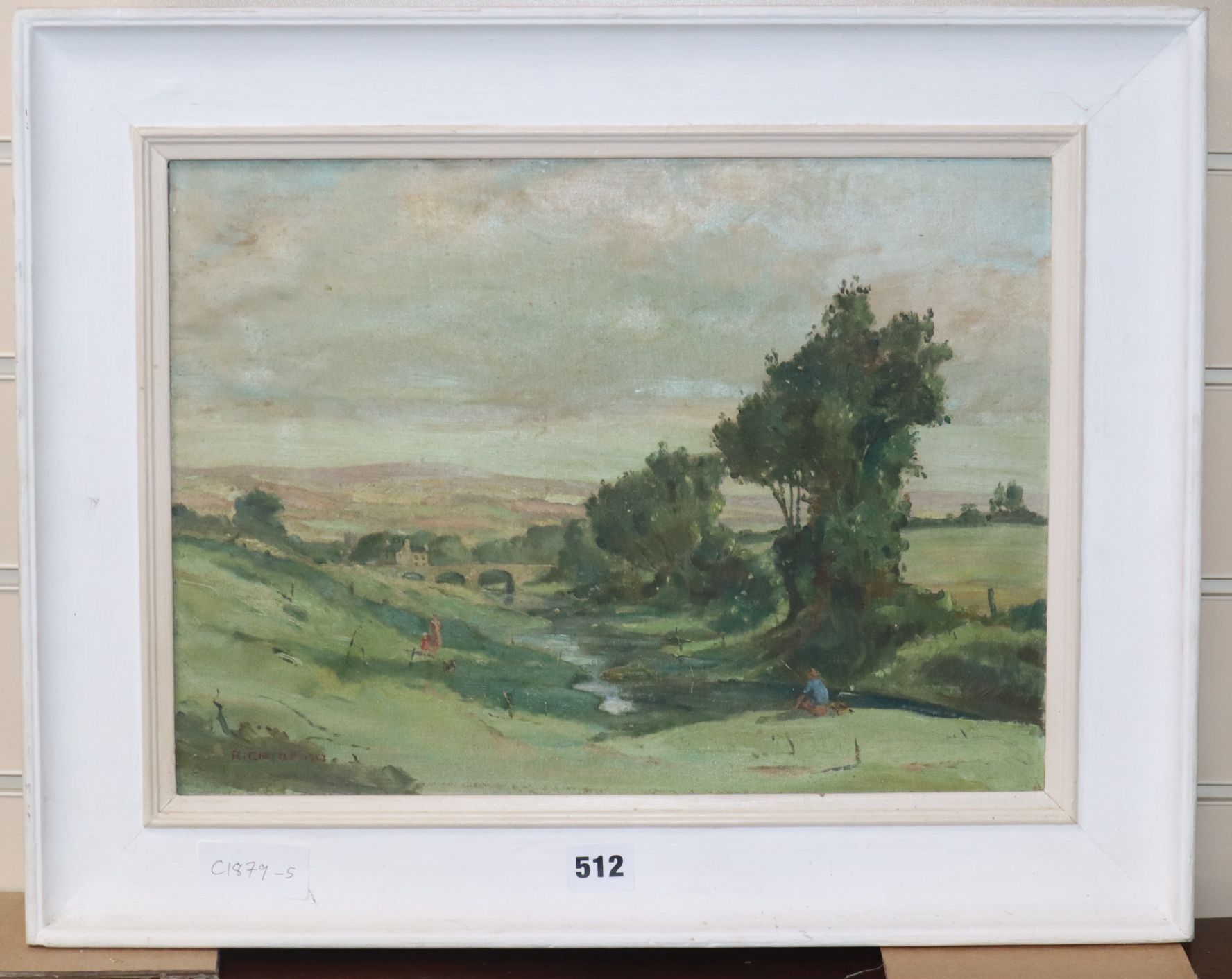 R.Chettle, oil on canvas board, Figures in a river landscape, signed and dated 1953, 29 x 40cm