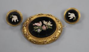 A pair of Victorian yellow metal mounted micro mosaic ear clips (converted) and a similar brooch(a.