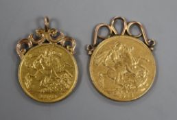 A 1912 gold full sovereign with pendant mount and a 1913 half sovereign with pendant mount