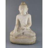 A large Burmese Mandalay style sculpted marble seated figure of Buddha Shakyamuni, 19th/20th