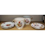 A pair of 19th century Derby flower-decorated jardinières, three similar plates and a soup plate