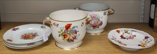 A pair of 19th century Derby flower-decorated jardinières, three similar plates and a soup plate