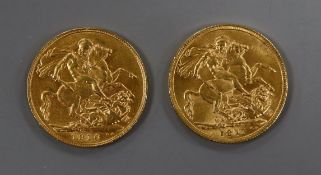 Two gold full sovereigns 1910 and 1901.