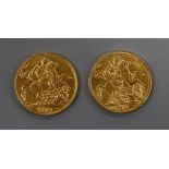 Two gold full sovereigns 1910 and 1901.