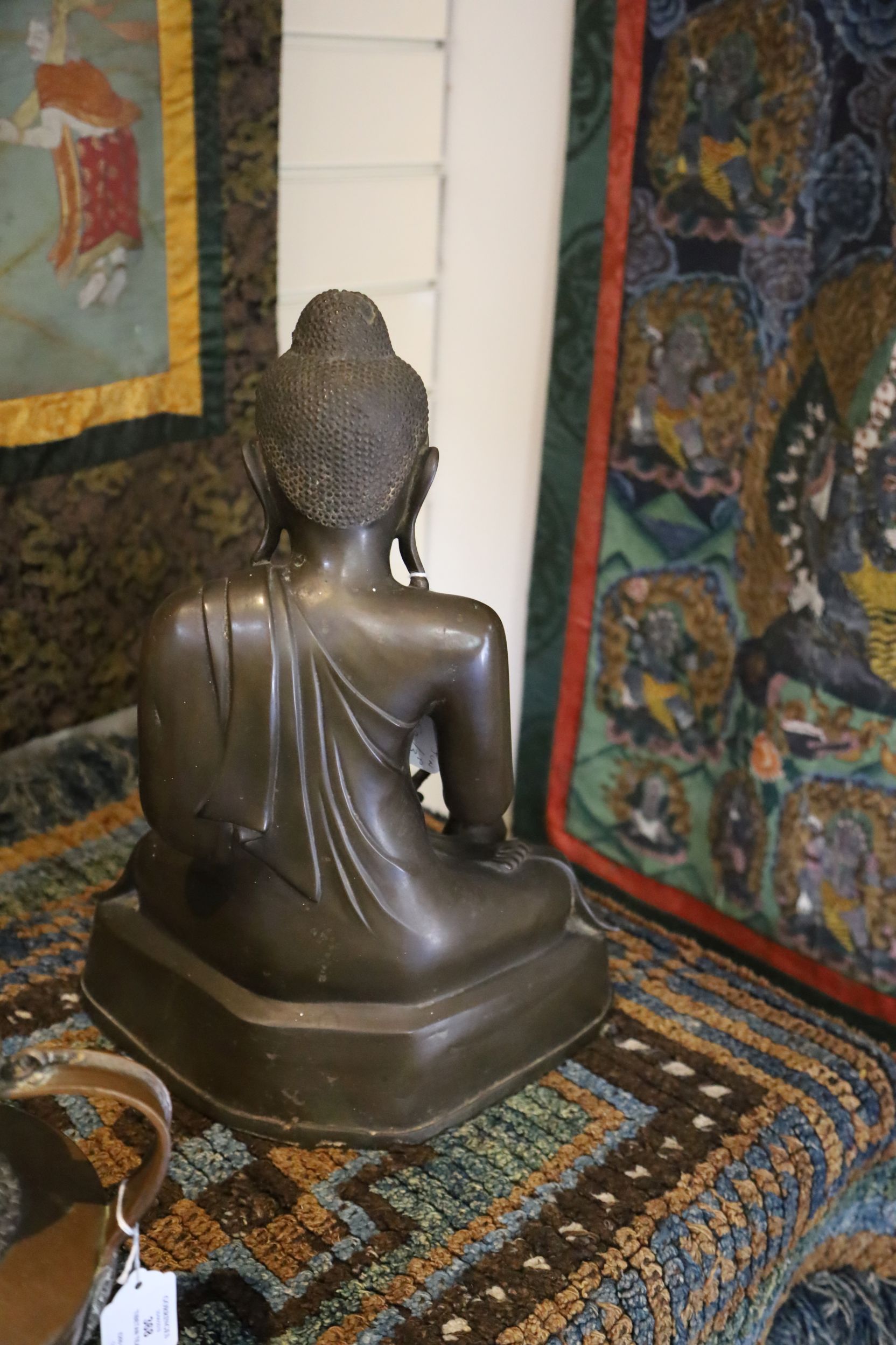 A large Burmese Mandalay bronze seated figure of Buddha Shakyamuni, 19th century, with enamel - Image 3 of 4