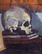 Chris Insoll, oil on board, Vanitas, signed and dated '02, 24 x 19cm