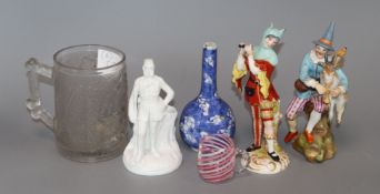 Two German porcelain figures, a Victorian commemorative glass tankard