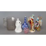 Two German porcelain figures, a Victorian commemorative glass tankard