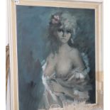 1960's French School, oil on board, Topless young lady, initialled and dated '66, 75 x 62cm