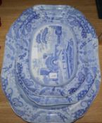 A graduated set of three 19th century spode blue and white meat dishes, Sebastians Gate pattern