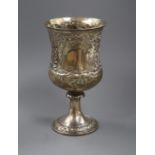 A George IV embossed silver campana shaped cup, J.E. Terry & Co, London, 1829 (stem a.f.), 23cm,