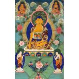 Two thangkhas, Tibet, first half 20th century, the first depicting a luohan and attendants in a