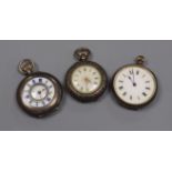 Three assorted silver and white metal fob watches.