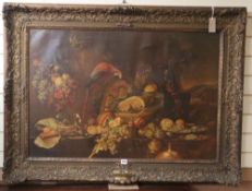 After Heem, olegraph, Still life with a parrot and fruit, ornate gesso frame, 65 x 96cm