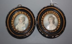 A pair of 19th century oval miniatures of the Ogle Sisters, Northumberland
