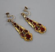 A pair of 19th century yellow metal and garnet set drop ear clips, 46mm.