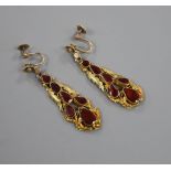 A pair of 19th century yellow metal and garnet set drop ear clips, 46mm.