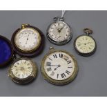 Four assorted pocket watches including verge, together with a cased barometer.