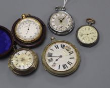 Four assorted pocket watches including verge, together with a cased barometer.
