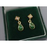 A pair of 18ct gold, jadeite and diamond drop ear studs, overall 18mm.