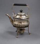 A late Victorian small silver tea kettle on stand with burner, Josiah Williams & Co, London, 1890,