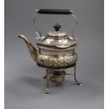 A late Victorian small silver tea kettle on stand with burner, Josiah Williams & Co, London, 1890,