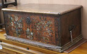 An 18th century Continental painted pine trunk W.99cm