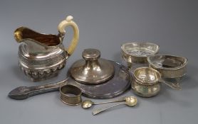 A 19th century Russian ivory handled silver cream jug, a pair of Georgian silver salts, inkwell,