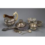 A 19th century Russian ivory handled silver cream jug, a pair of Georgian silver salts, inkwell,