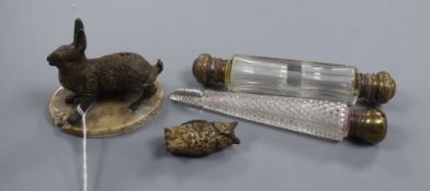 A cold painted owl, a rabbit group and two Victorian scent bottles