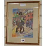 Barbosa (South American), watercolour, Figures dancing in the street, signed, 26 x 20cm