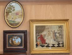 Three Georgian silkwork panels, one of a classical scene depicting a child and emperor Largest