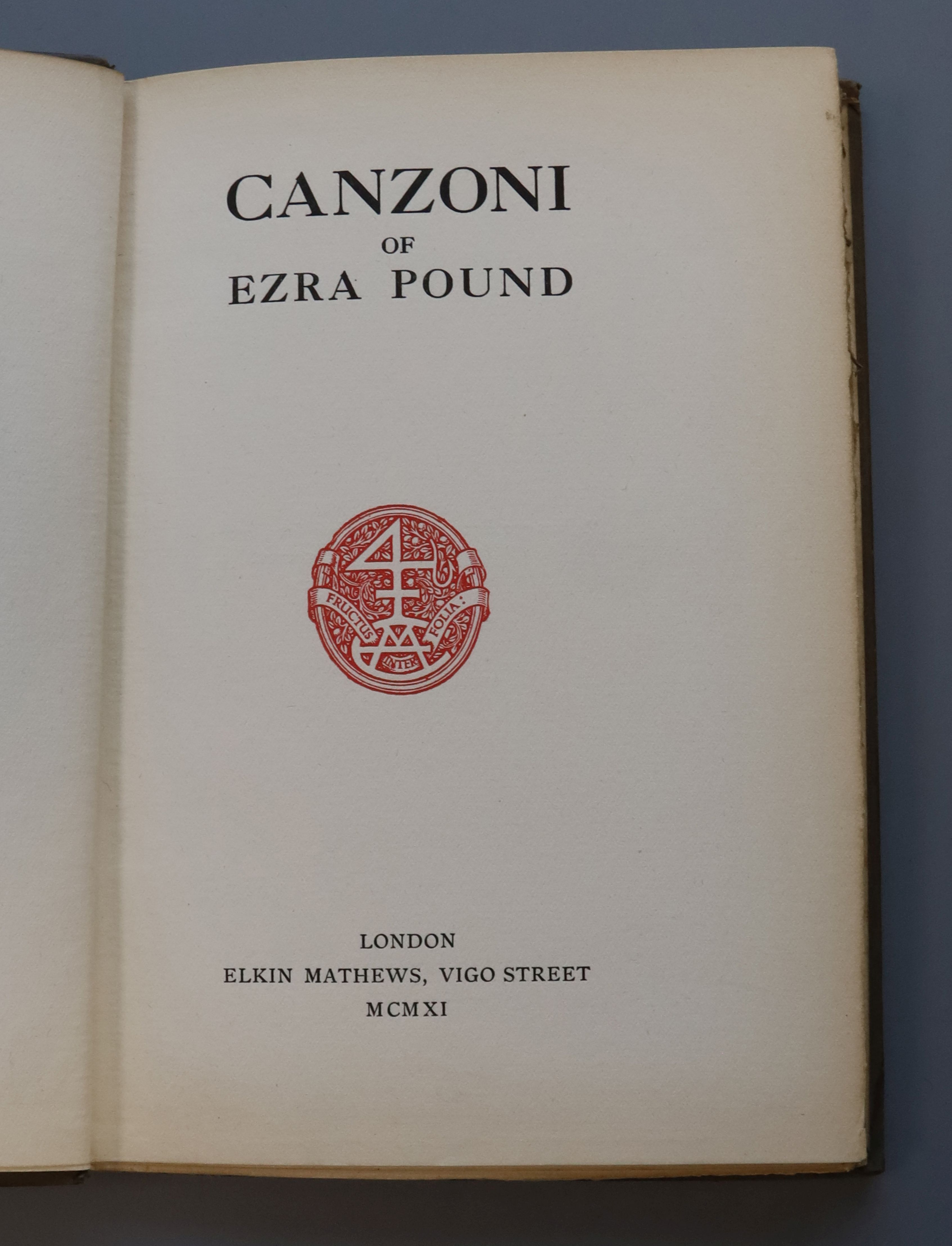 Pound, Ezra - Canzoni, 1st edition, original boards, with gilt titles, two thirds of spine - Image 2 of 2