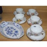 Five Herend tea cups, six Herend saucers and a Meissen blue and white basket