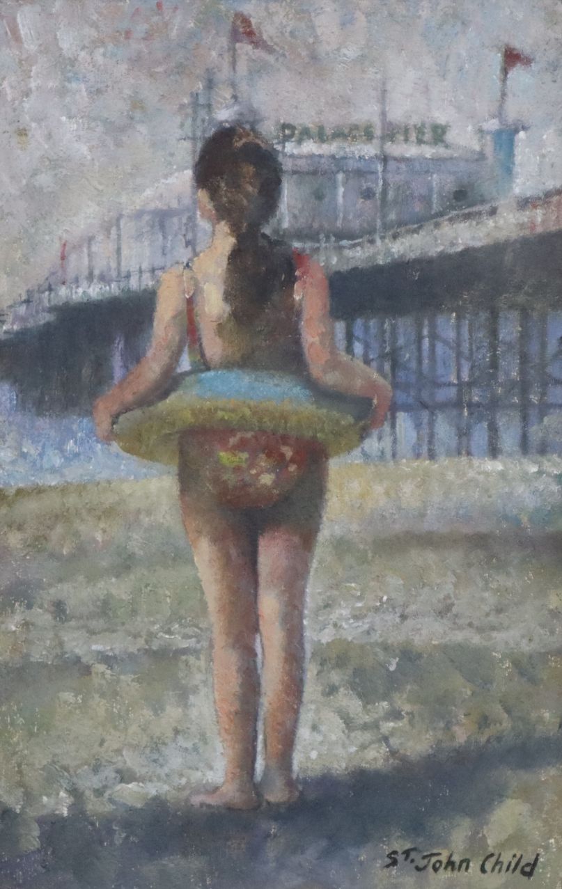 St John Child, oil on board, Girl beside The Palace Pier, 32 x 21cm