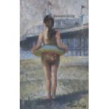 St John Child, oil on board, Girl beside The Palace Pier, 32 x 21cm