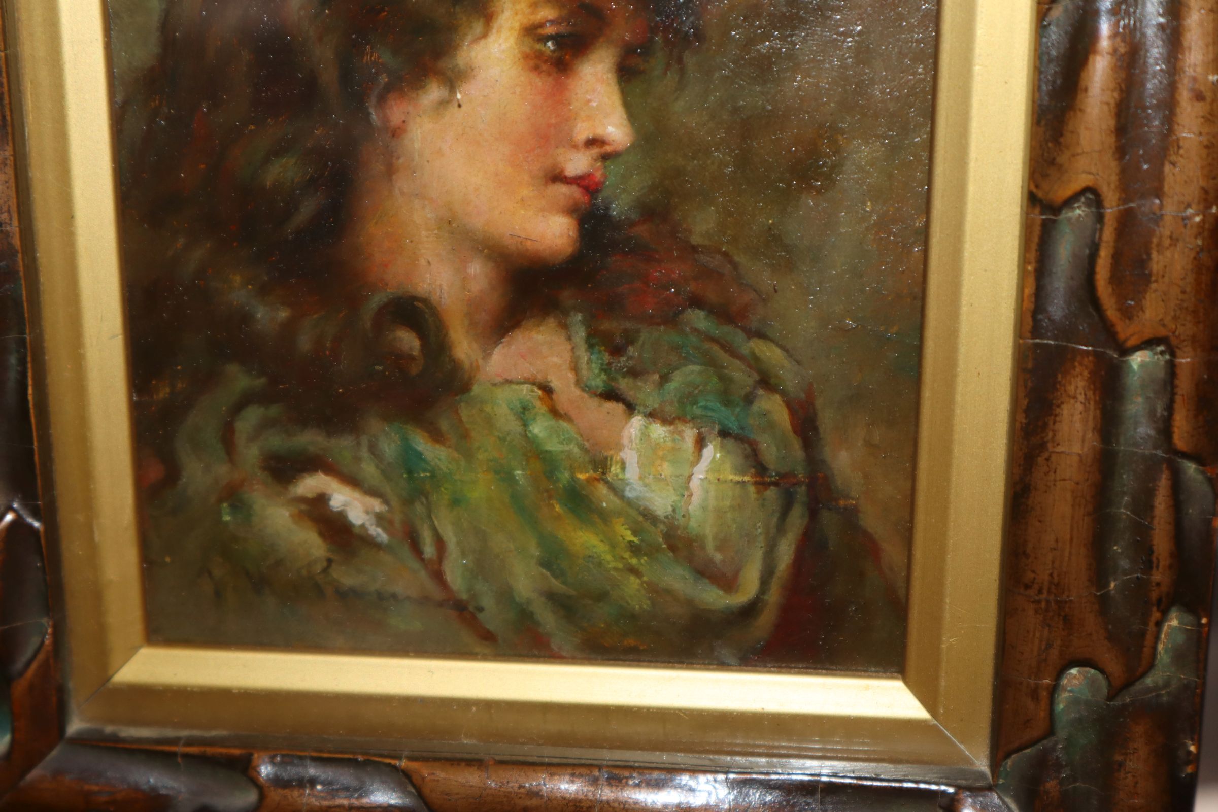 J* M* P*, Head and shoulder portrait of a young lady wearing a green dress, oil on board, - Image 5 of 7