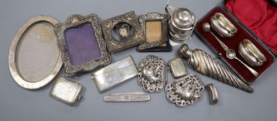 Mixed silver items including mustard pot, 19th century vinaigrette (a.f.) photo frames, card case