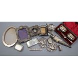 Mixed silver items including mustard pot, 19th century vinaigrette (a.f.) photo frames, card case