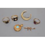 A William IV 18ct gold, black enamel and pearl set mourning ring and five other items including